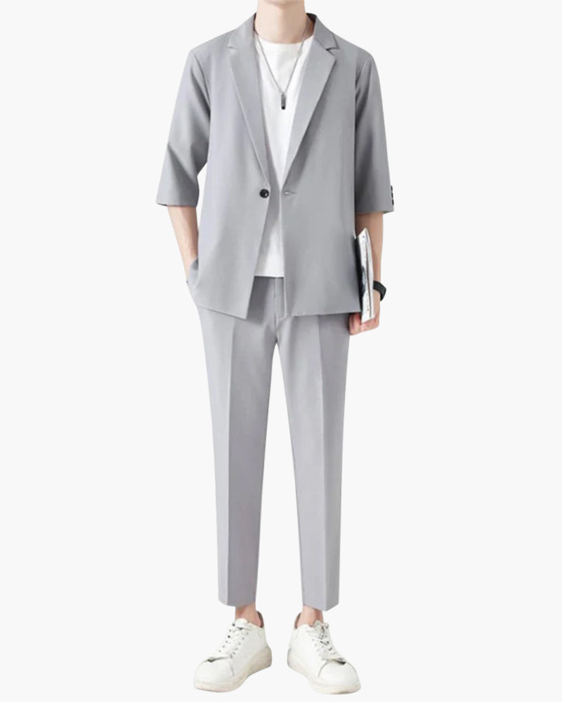 Men's Short-Sleeve Jacket and Straight Trousers Set - Gray
