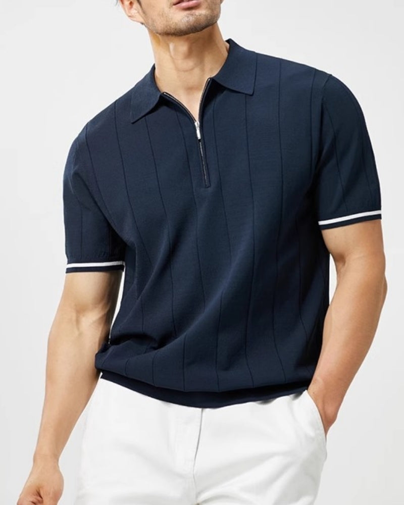 Men's Short-Sleeve Zip Polo With Contrast Cuffs - Navy