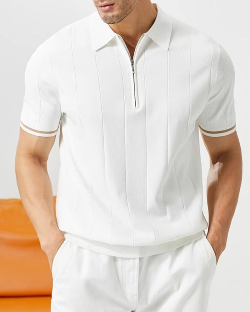 Men's Short-Sleeve Zip Polo With Contrast Cuffs - White