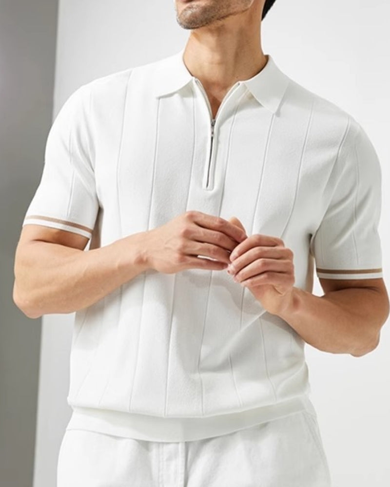 Men's Short-Sleeve Zip Polo With Contrast Cuffs - White