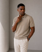 Men's Short-Zip Polo With a Plain Pointed Collar - Beige
