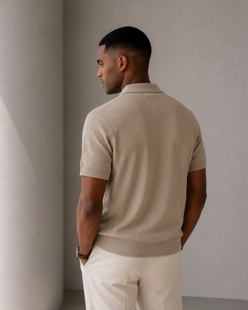 Men's Short-Zip Polo With a Plain Pointed Collar - Beige