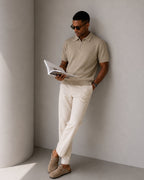 Men's Short-Zip Polo With a Plain Pointed Collar - Beige