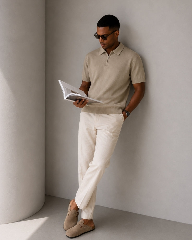 Men's Short-Zip Polo With a Plain Pointed Collar - Beige