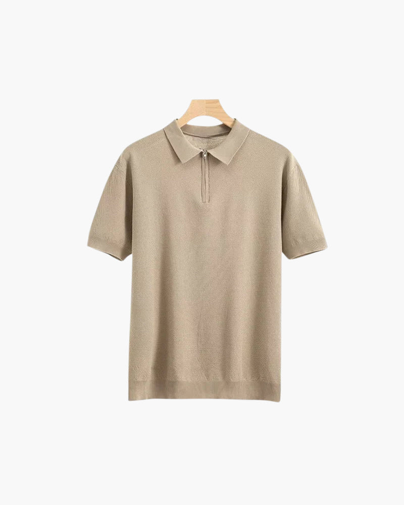 Men's Short-Zip Polo With a Plain Pointed Collar - Beige