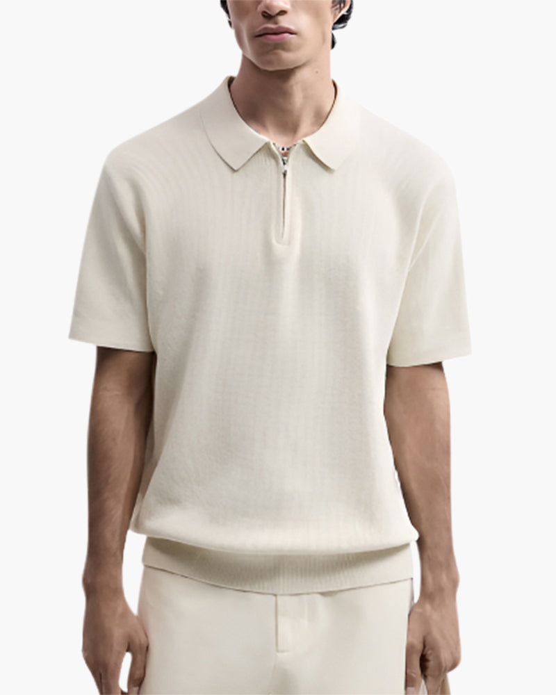 Men's Short-Zip Polo With a Plain Pointed Collar - Beige