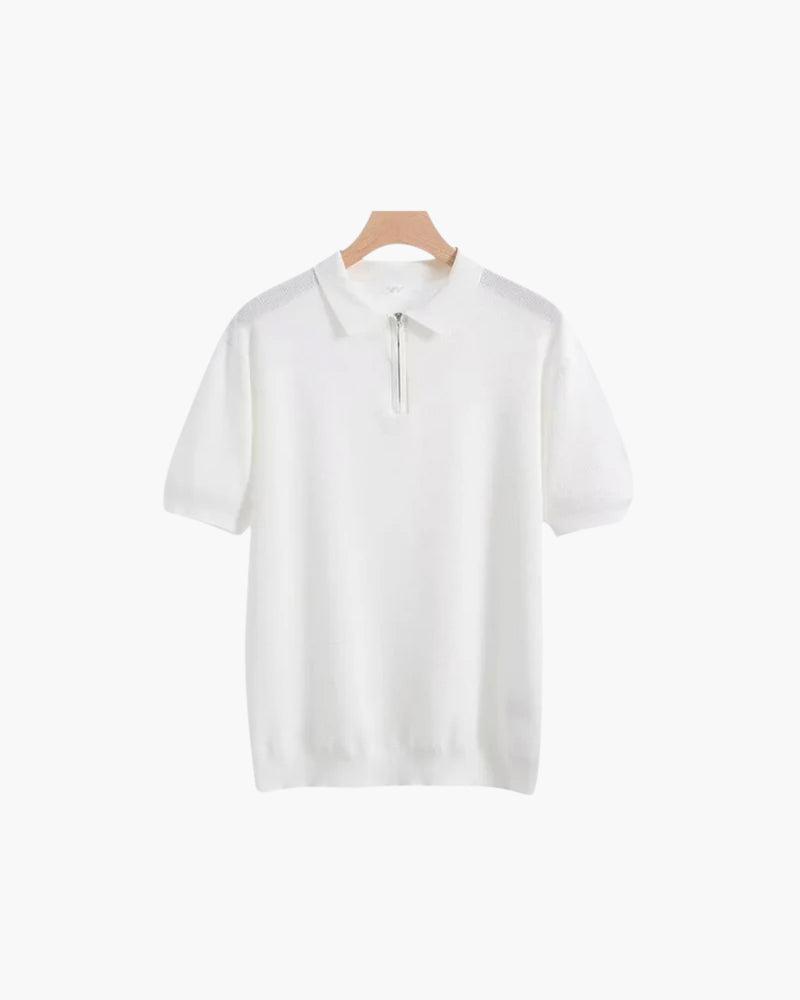 Men's Short-Zip Polo With a Plain Pointed Collar - White