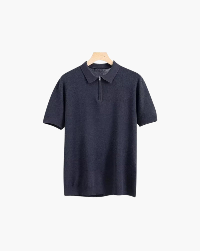 Men's Short-Zip Polo With a Plain Pointed Collar - Navy Blue