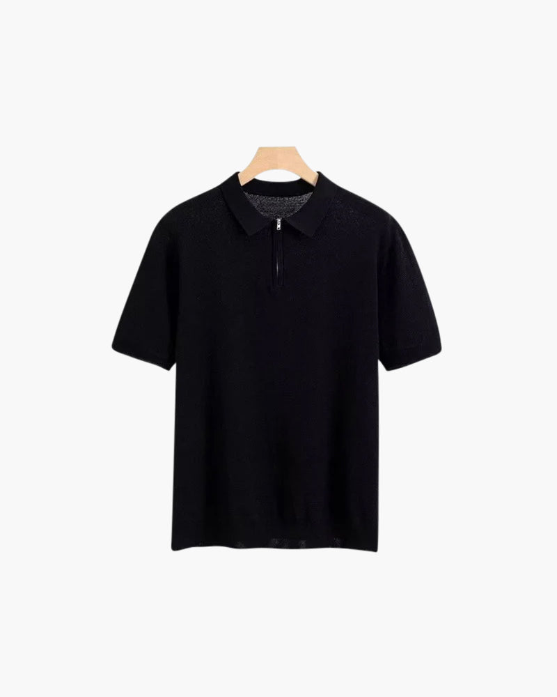 Men's Short-Zip Polo With a Plain Pointed Collar - Black