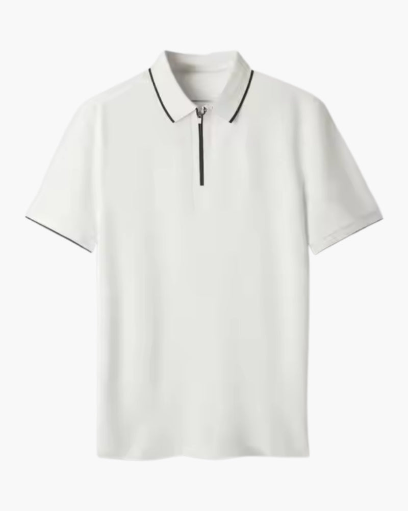 Men's Short-Zip Polo With a Striped Collar Edge - White