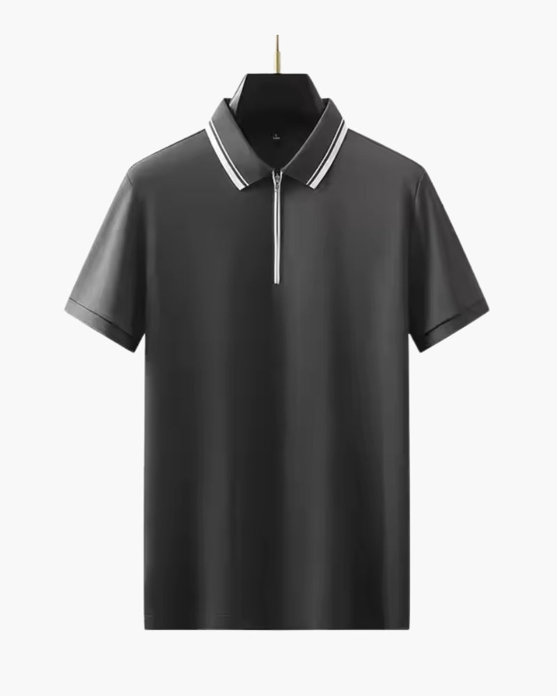 Men's Short-Zip Polo With a Striped Collar Edge - Dark Gray