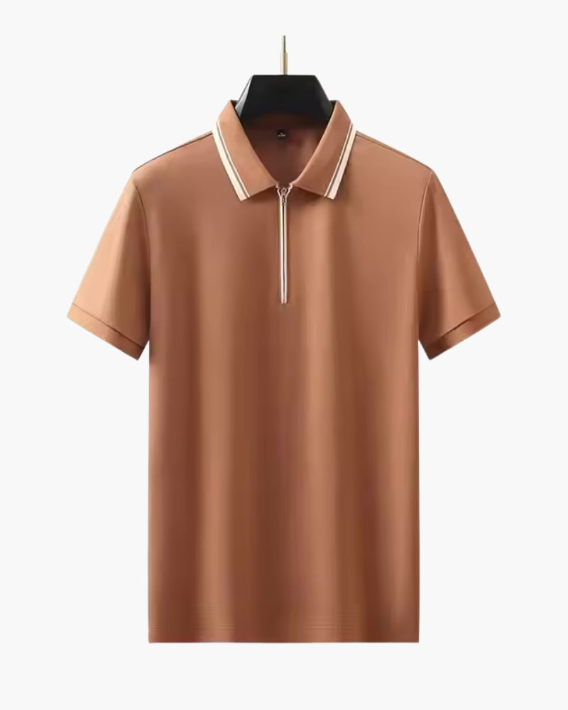 Men's Short-Zip Polo With a Striped Collar Edge - Orange