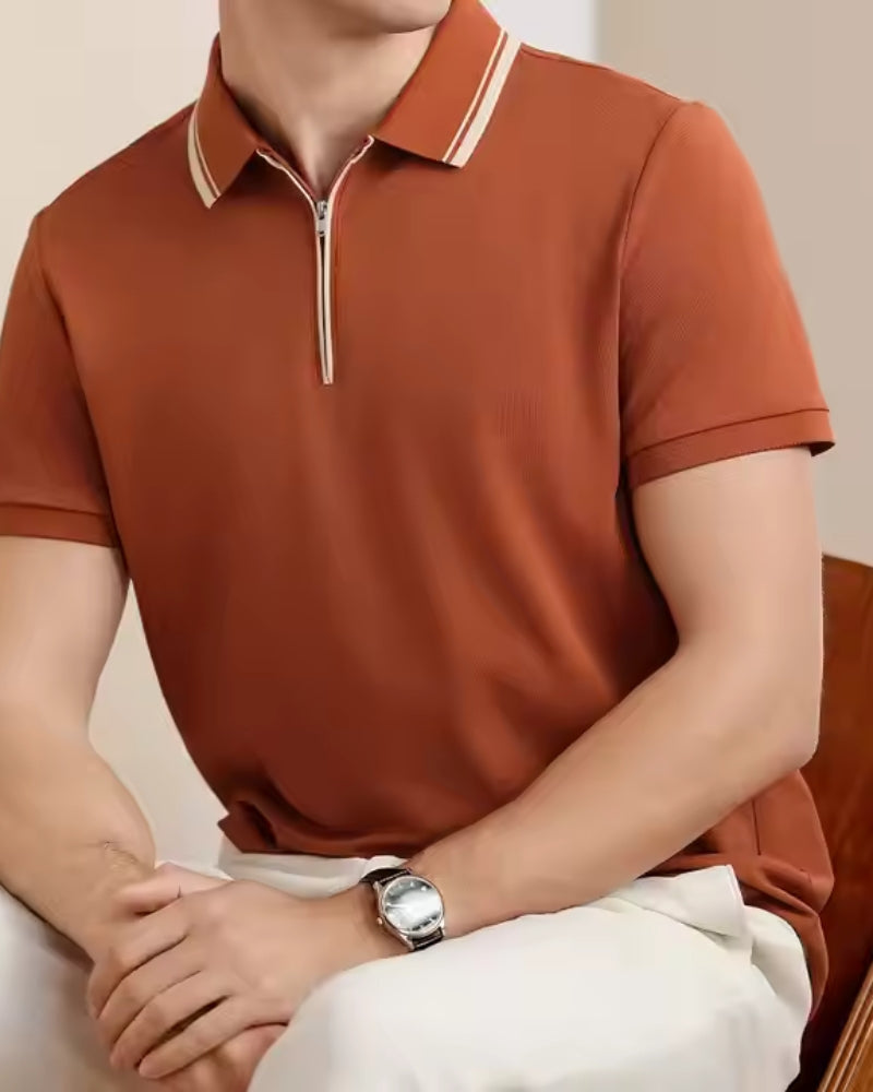 Men's Short-Zip Polo With a Striped Collar Edge - Orange