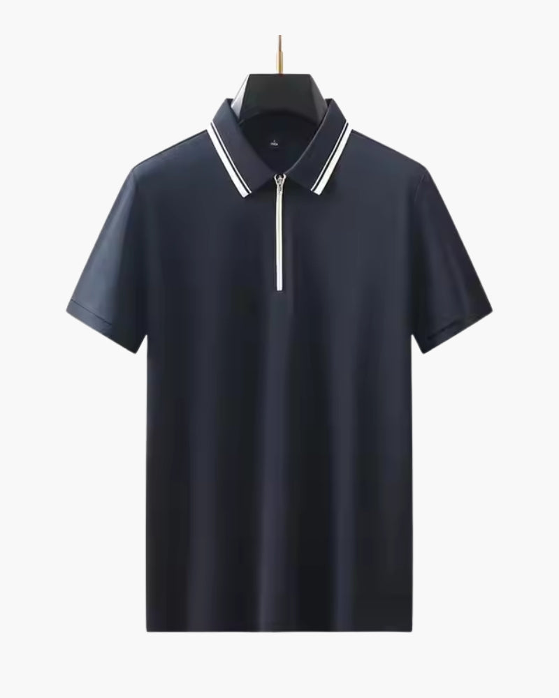 Men's Short-Zip Polo With a Striped Collar Edge - Navy