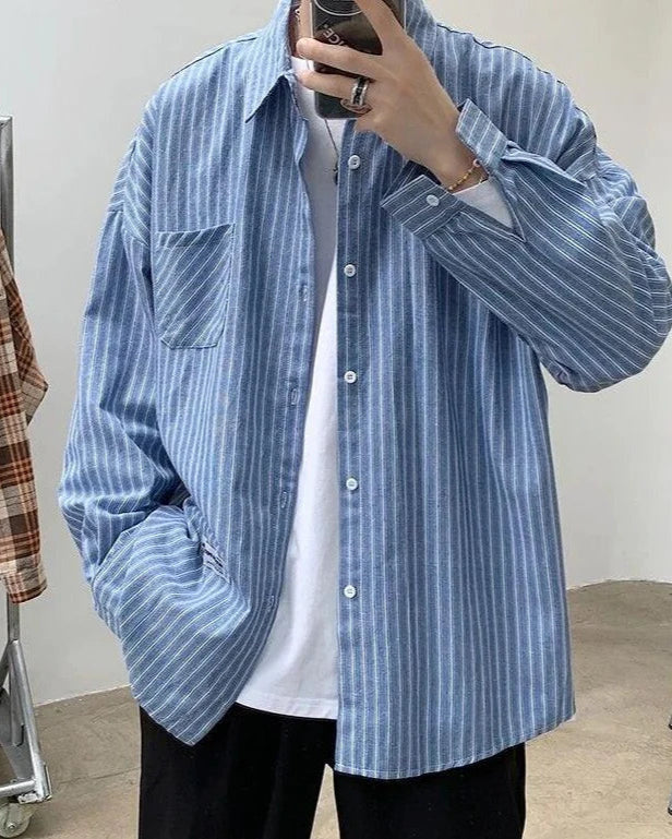 Men's Striped Button Shirt With a Broad Sleeve Shape - Light Blue