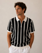 Men's Striped Half-Zip Polo With Contrast Collar - Black