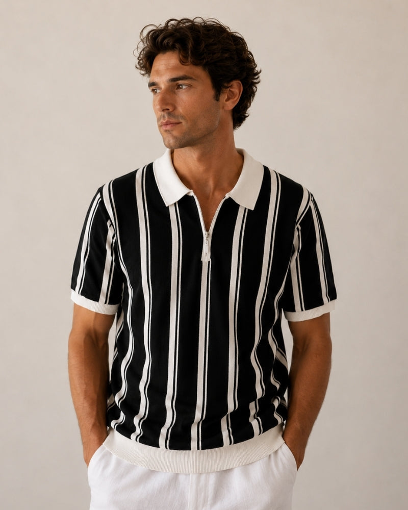 Men's Striped Half-Zip Polo With Contrast Collar - Black
