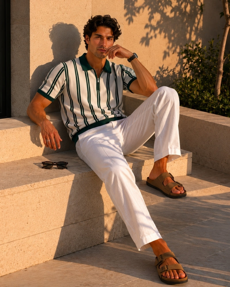 Men's Striped Half-Zip Polo With Contrast Collar - Green