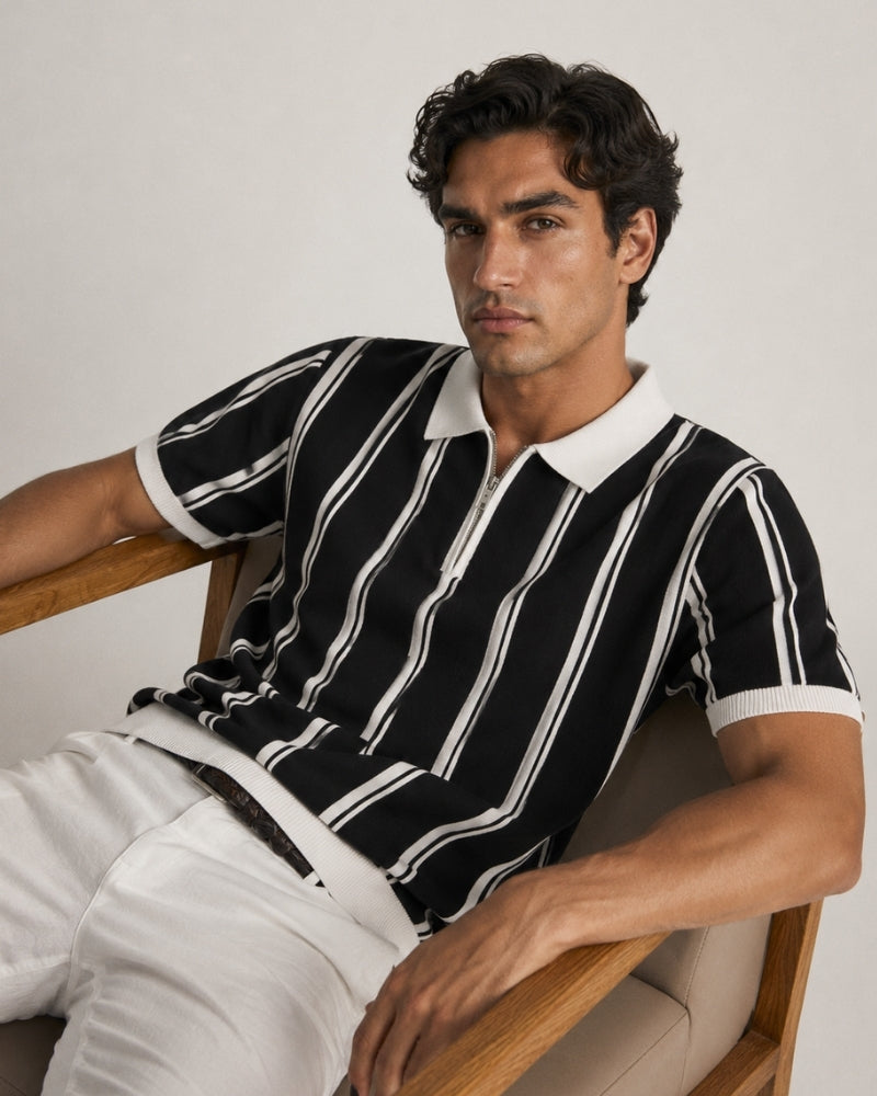 Men's Striped Half-Zip Polo With Contrast Collar - Black