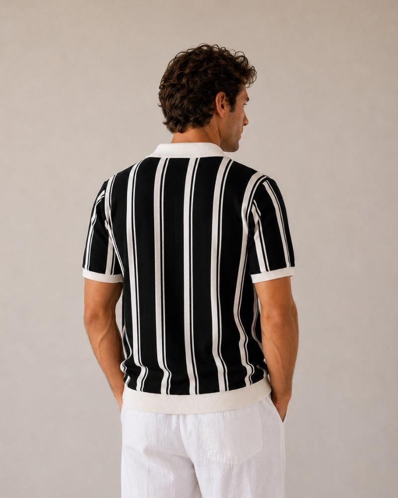 Men's Striped Half-Zip Polo With Contrast Collar - Black