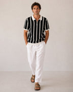 Men's Striped Half-Zip Polo With Contrast Collar - Black