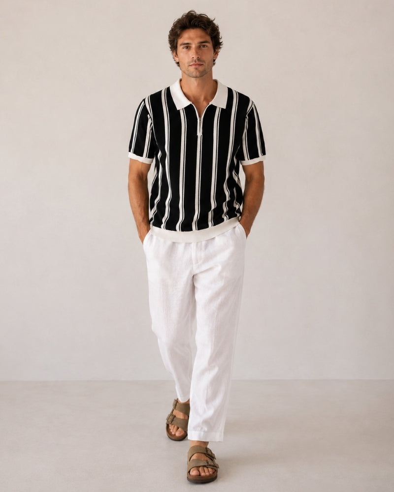 Men's Striped Half-Zip Polo With Contrast Collar - Black
