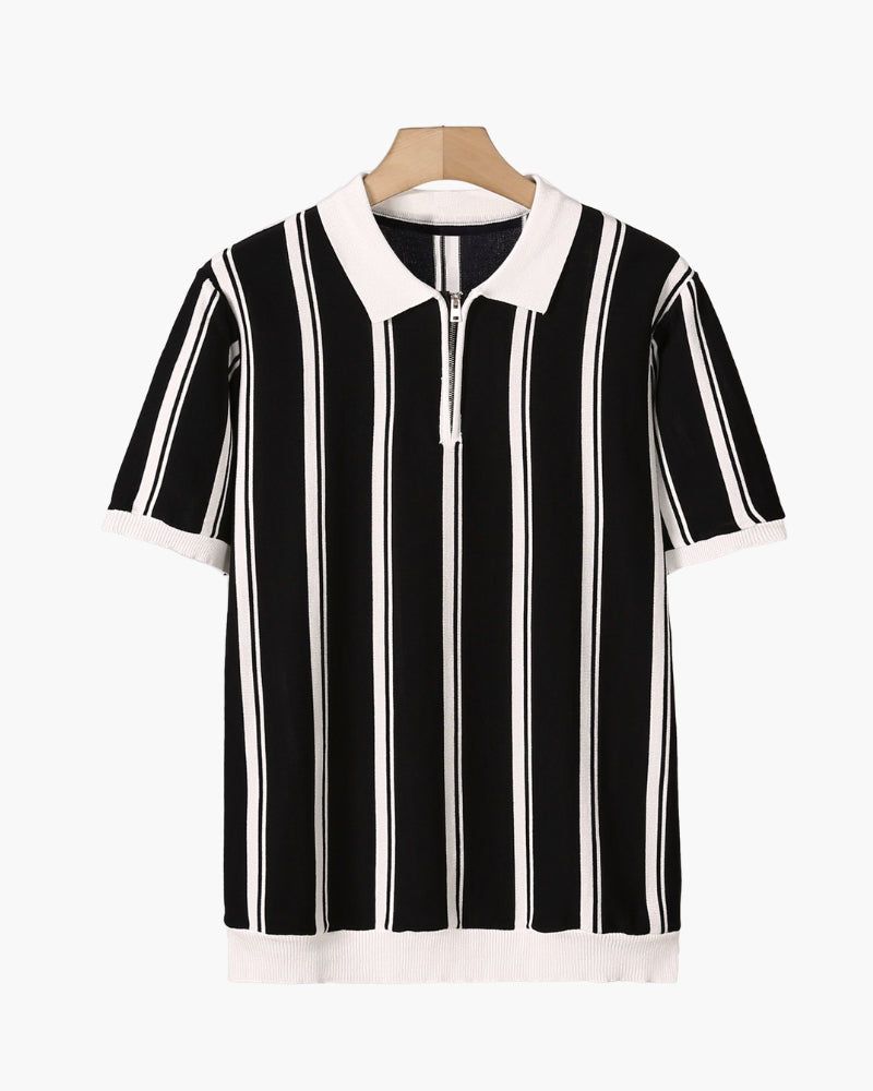Men's Striped Half-Zip Polo With Contrast Collar - Black