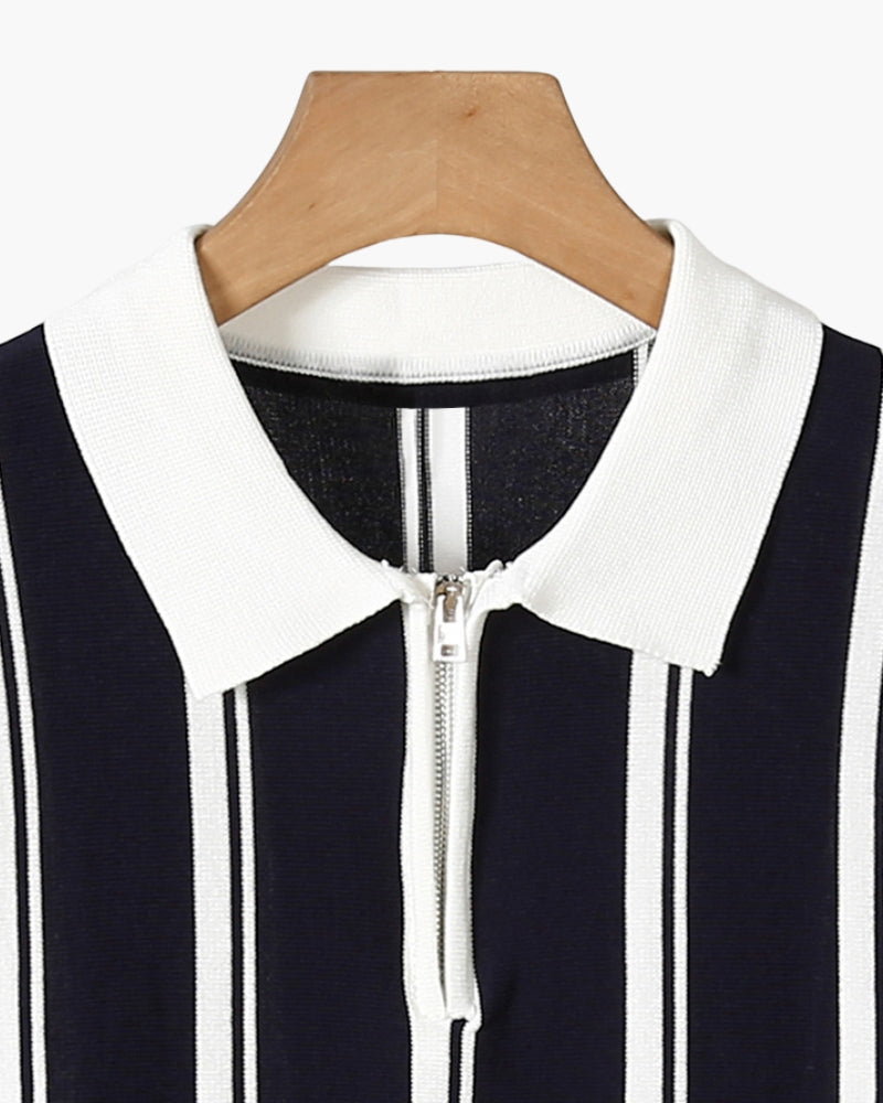 Men's Striped Half-Zip Polo With Contrast Collar - Black