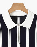 Men's Striped Half-Zip Polo With Contrast Collar - Black
