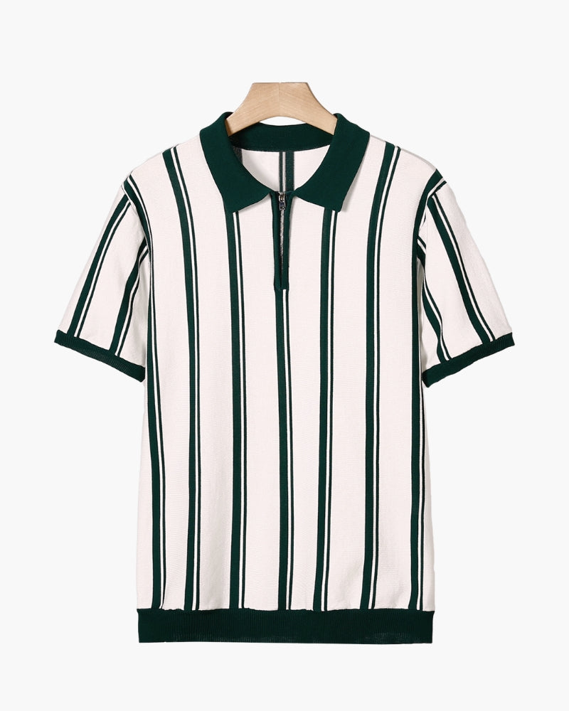 Men's Striped Half-Zip Polo With Contrast Collar - Green