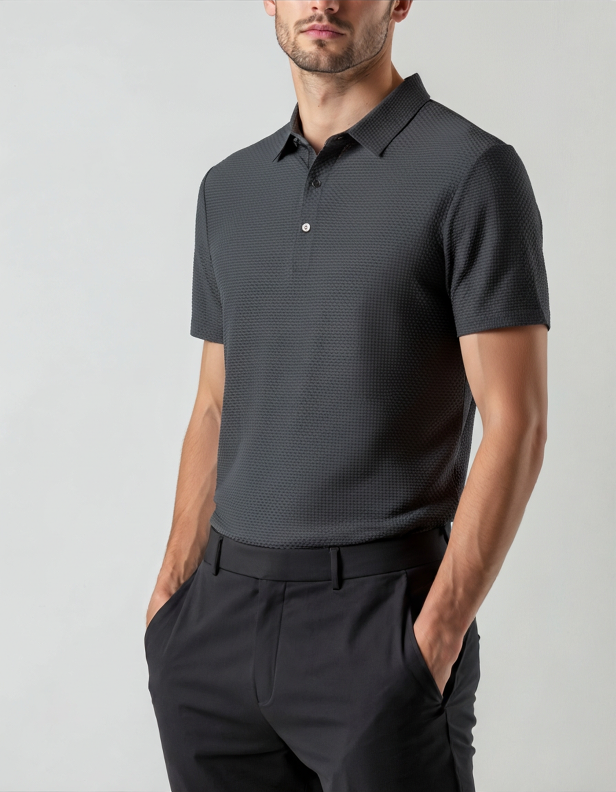 Men's Textured Button Polo With a Defined Collar - Black