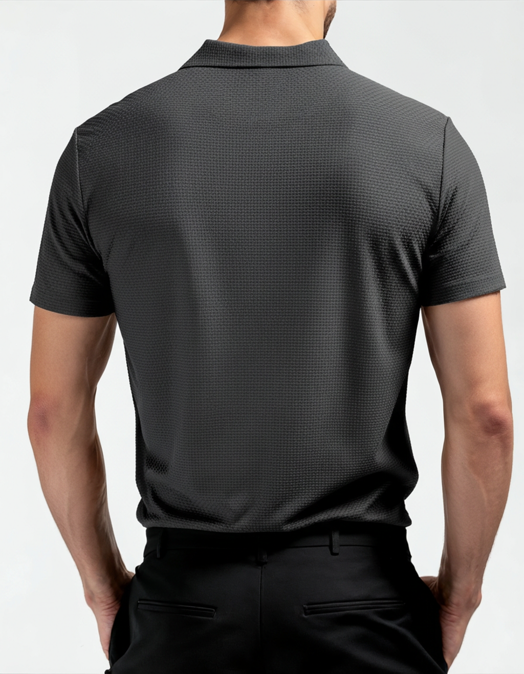 Men's Textured Button Polo With a Defined Collar - Black