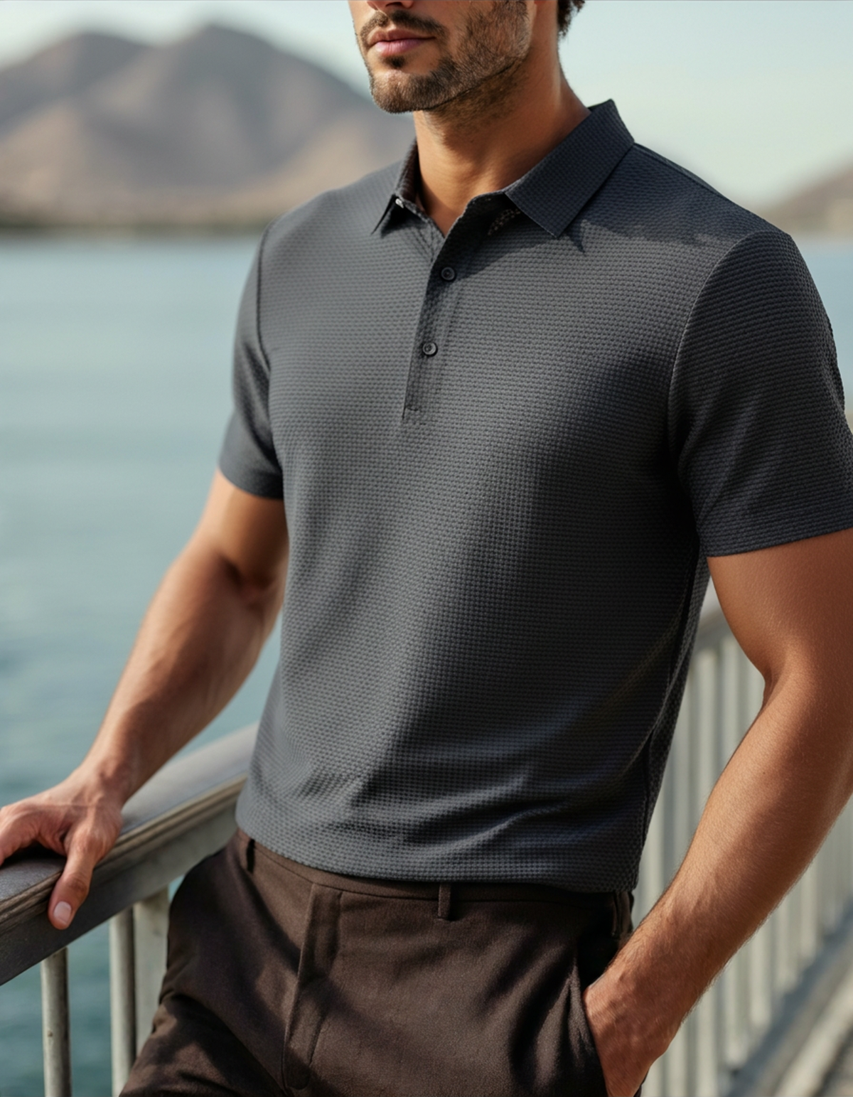 Men's Textured Button Polo With a Defined Collar - Black