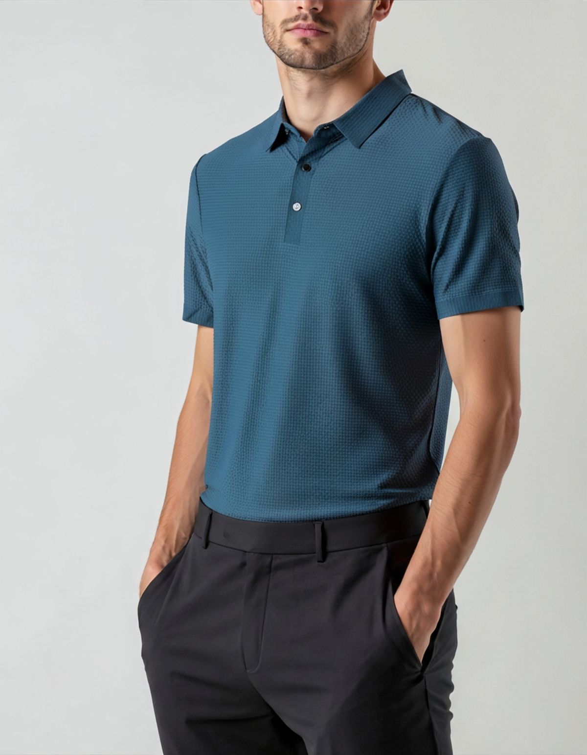 Men's Textured Button Polo With a Defined Collar - Navy Blue