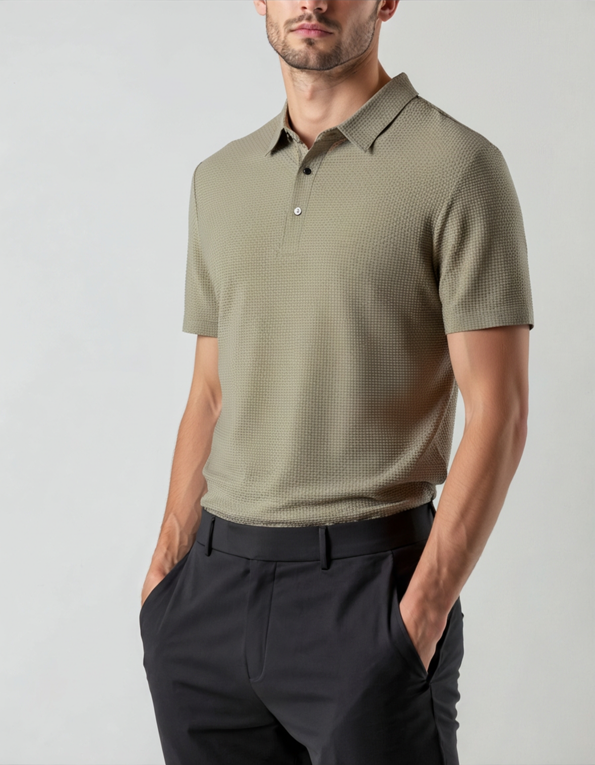 Men's Textured Button Polo With a Defined Collar - Light Green