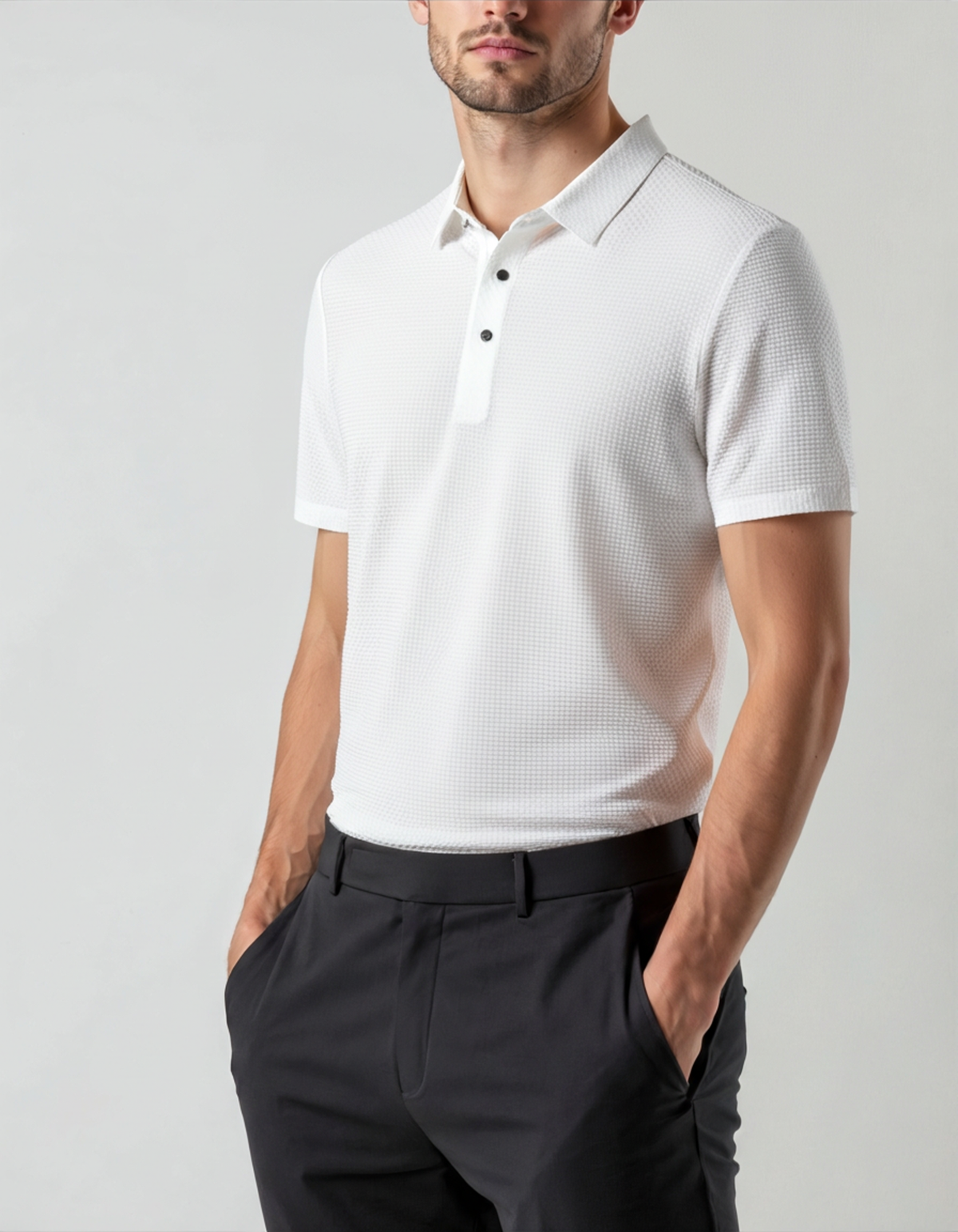 Men's Textured Button Polo With a Defined Collar - White