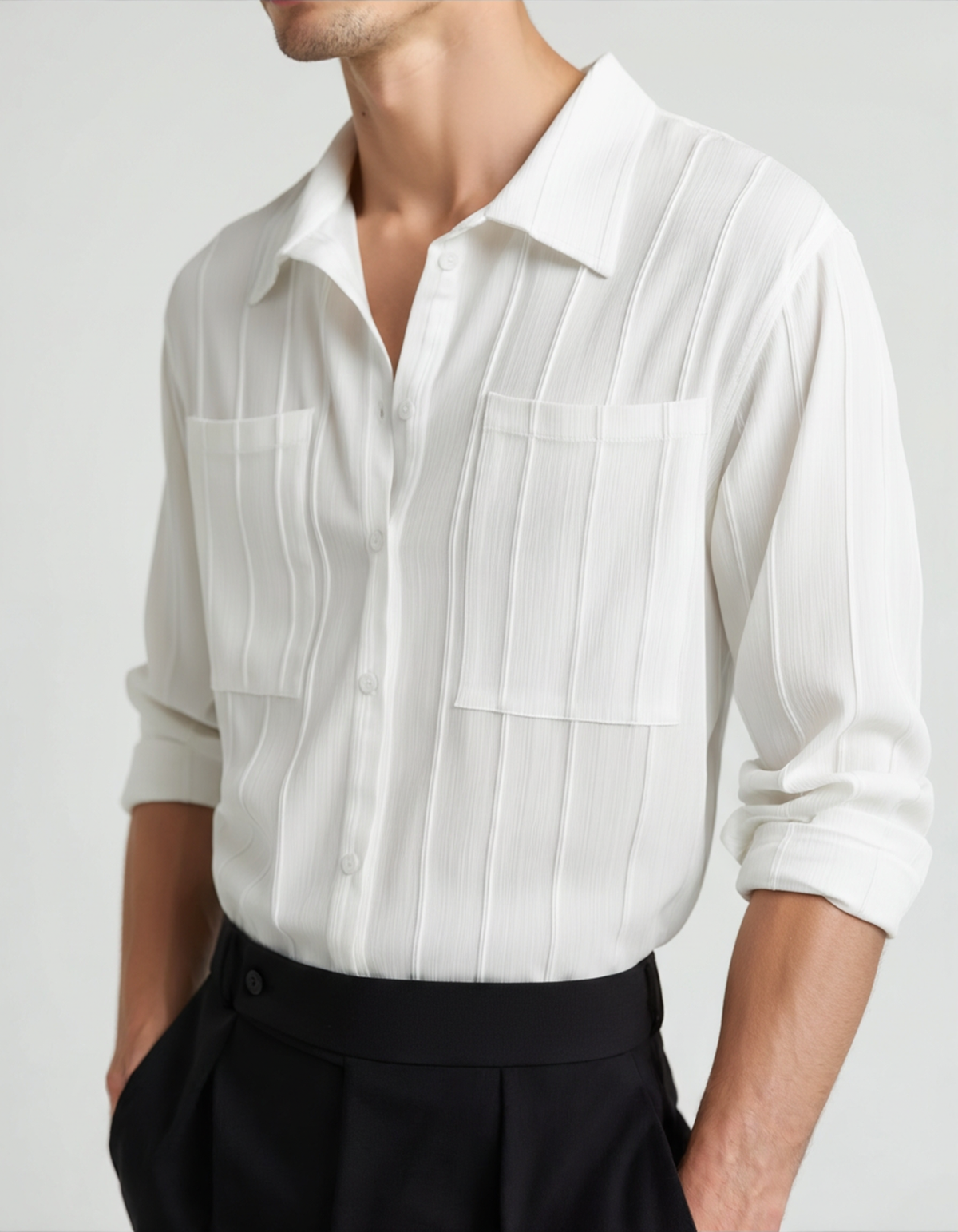 Men's Textured Button Shirt With a Square Chest Pocket - White