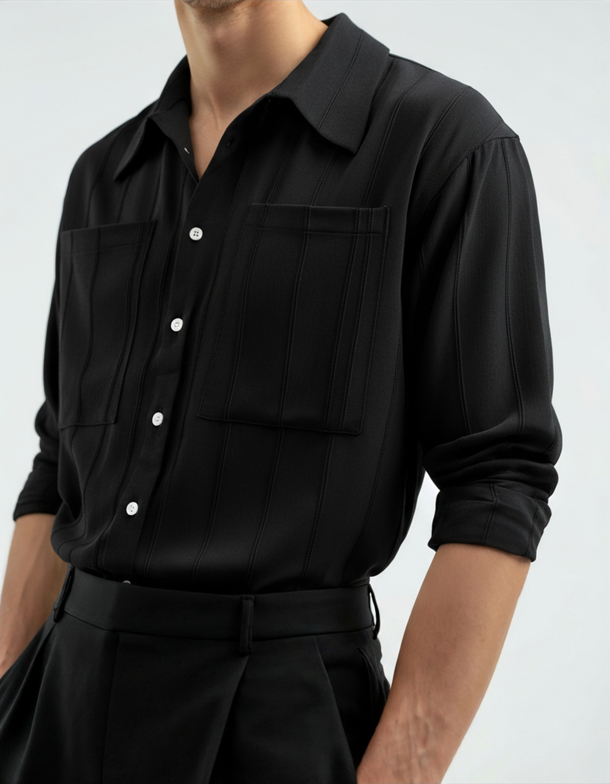 Men's Textured Button Shirt With a Square Chest Pocket - Black