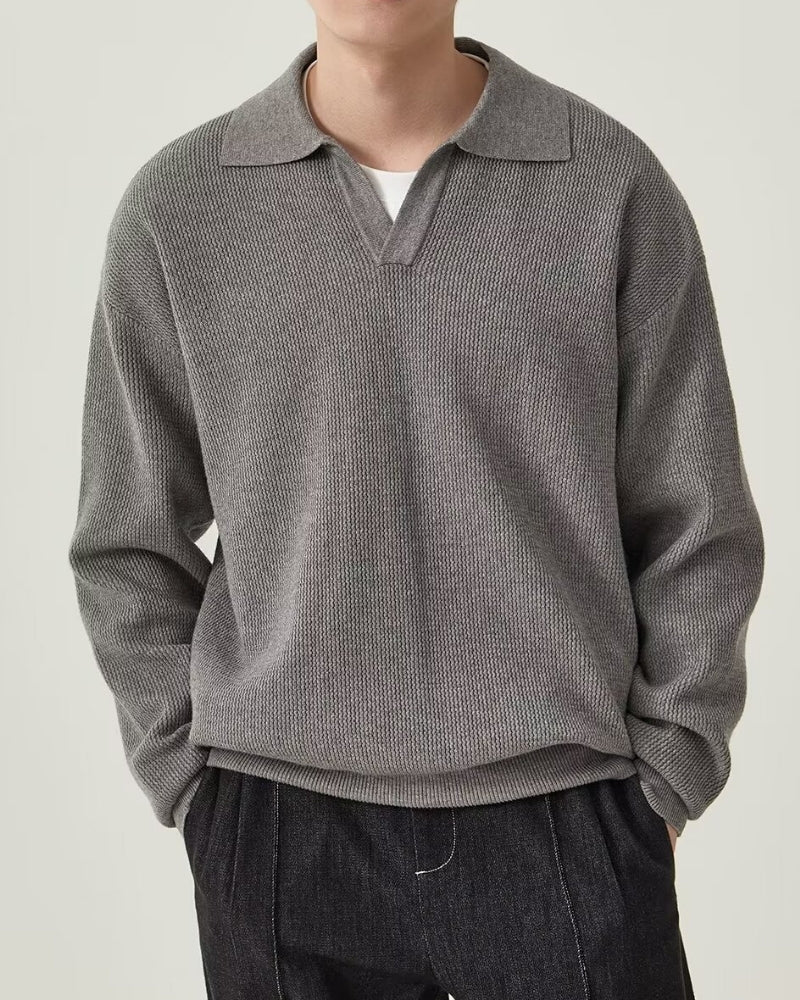 Men's Textured Long-Sleeve Polo With an Open Neck - Gray
