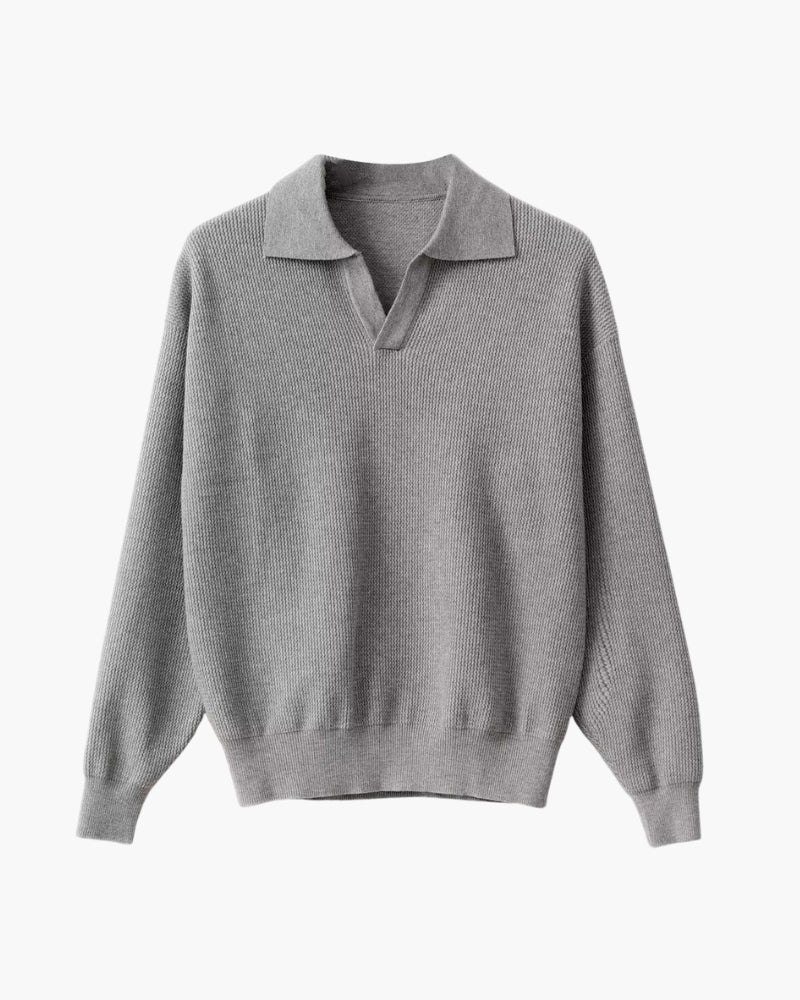Men's Textured Long-Sleeve Polo With an Open Neck - Gray