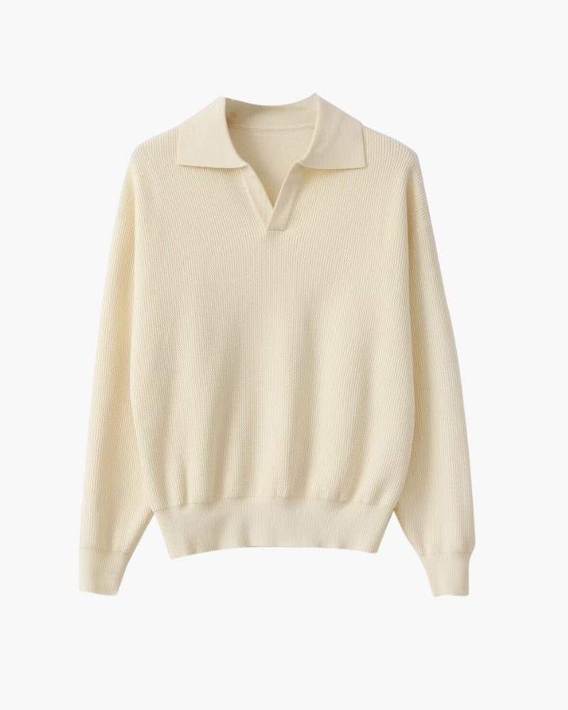 Men's Textured Long-Sleeve Polo With an Open Neck - Ivory