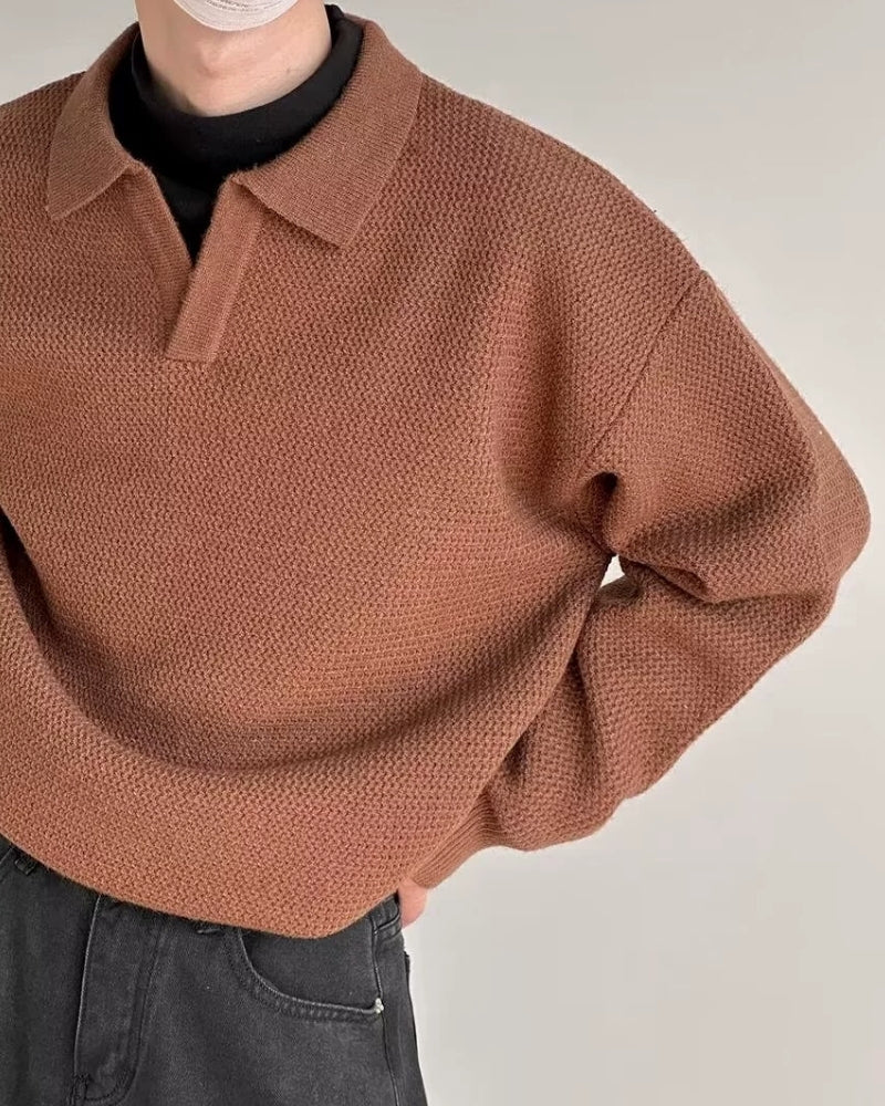 Men's Textured Long-Sleeve Polo With an Open Neck - Brown