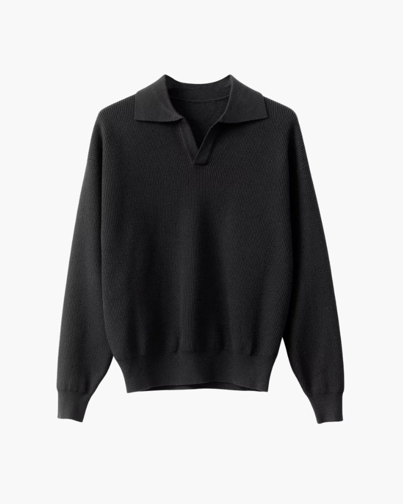 Men's Textured Long-Sleeve Polo With an Open Neck - Black