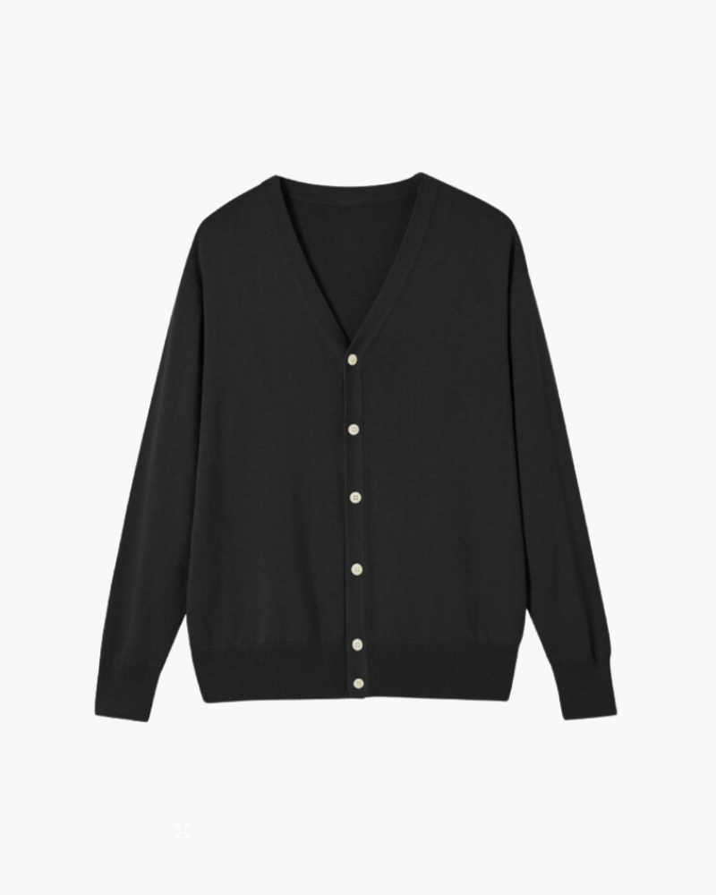 Men's V-Neck Button Cardigan With a Ribbed Lower Band - Black