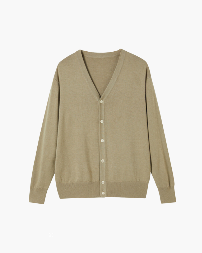 Men's V-Neck Button Cardigan With a Ribbed Lower Band - Beige