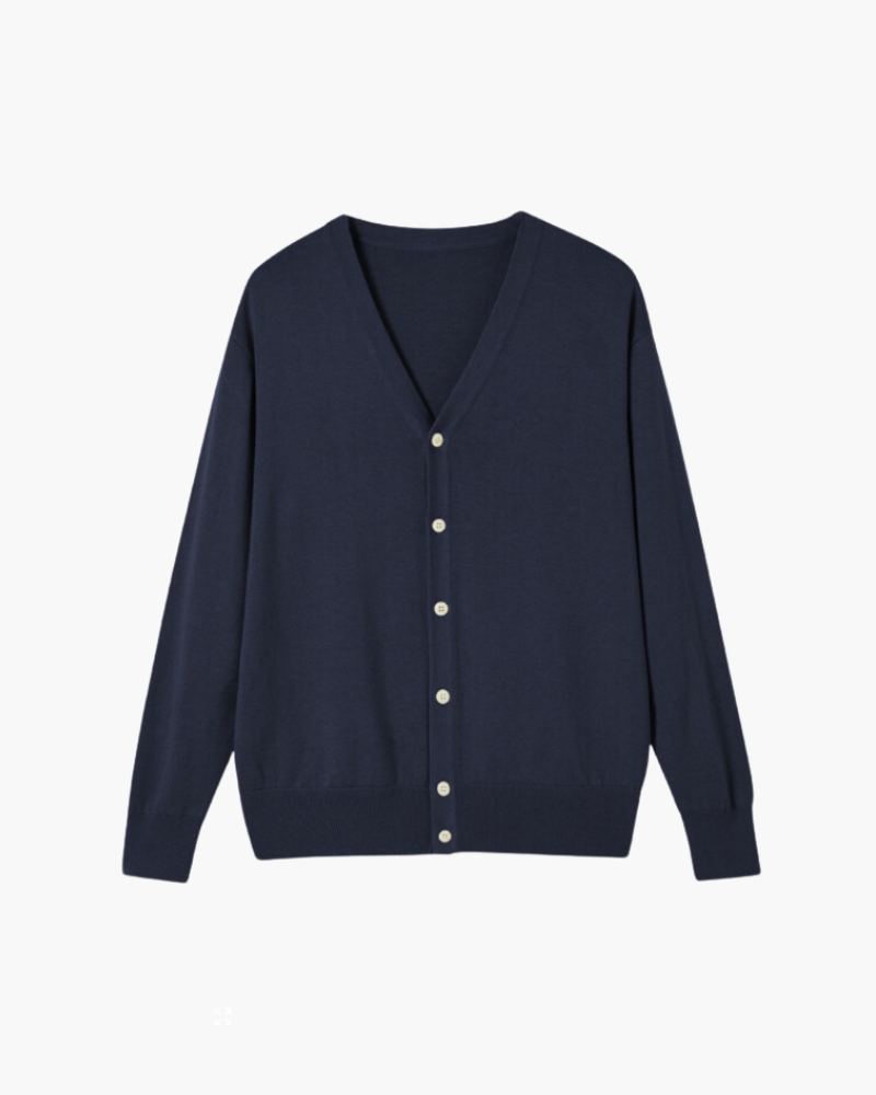 Men's V-Neck Button Cardigan With a Ribbed Lower Band - Navy