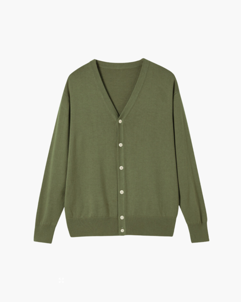 Men's V-Neck Button Cardigan With a Ribbed Lower Band - Green