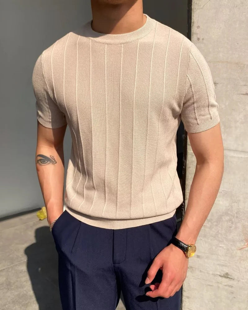 Men's Vertical-Rib T-Shirt With a Round Crew Neck - Beige