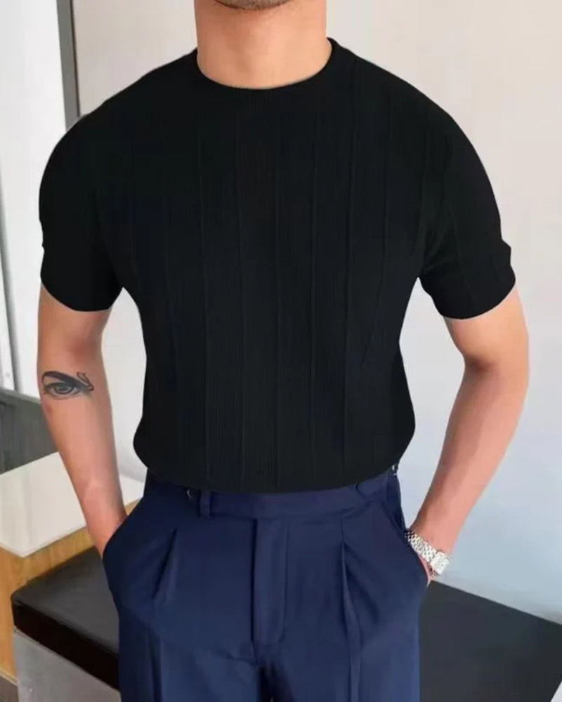 Men's Vertical-Rib T-Shirt With a Round Crew Neck - Black