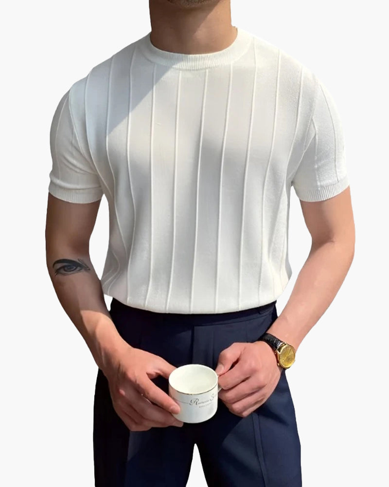 Men's Vertical-Rib T-Shirt With a Round Crew Neck - White
